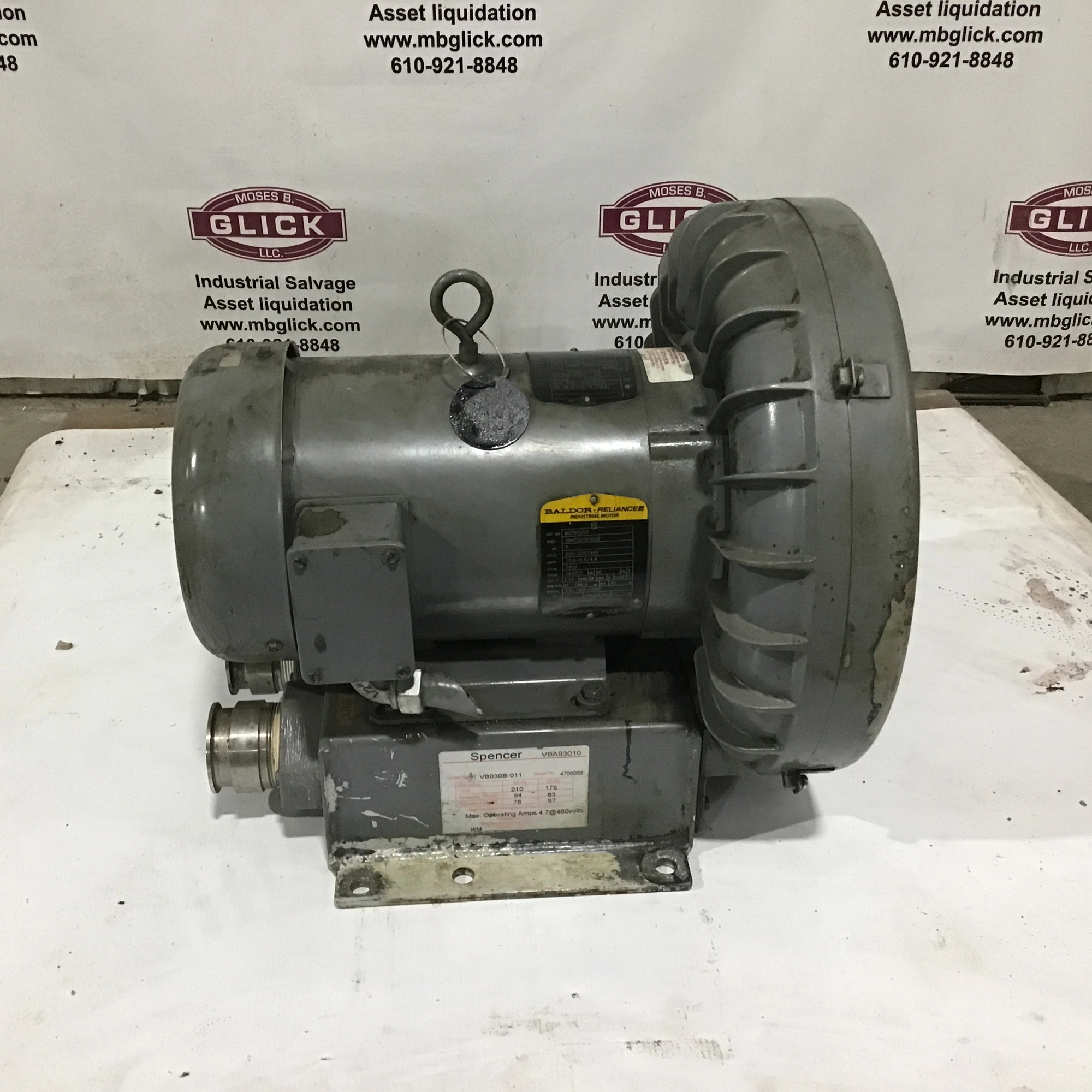 Spencer VB030B-011 Vortex Blower Max Operating Amps 4.7 @460Volts with Baldor Motor