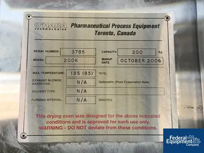USED O'HARA O'Hara Technologies Tray Drying Oven, S/S, Model 200K