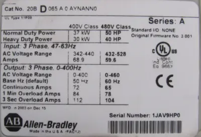 REFURBISHED ALLEN BRADLEY 20BD065A0AYNANN0 POWERFLEX 700 DRIVE 50HP SER.A