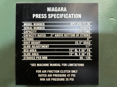 Used 1996 NIAGARA NIAGARA BP2-250-72-36 PRESS Straight Side Presses | Alma Machinery #898788