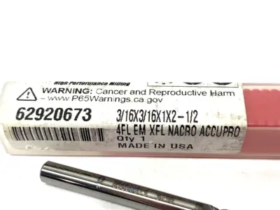 USED ACCUPRO SQUARE END MILL: 3/16" DIA, 1" LOC, 4 FLUTE, SOLID CARBIDE