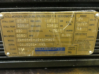 KOLLMORGEN GOLDLINE BRUSHLESS PM SERVOMOTOR, B-606-B-A9-B3-203