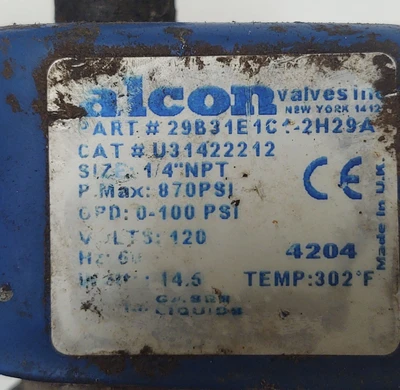 🔥TESTED - ALCON SOLENOID VALVE 1/4" NPT, CAT NO: U31422212, 870PSI, 120V