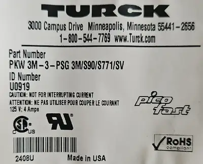 Used Turck TURCK PKW 3M-3-PSG 3M/S90/S771/SV Cable & Wire South Carolina US | Palmetto Automation #1159561