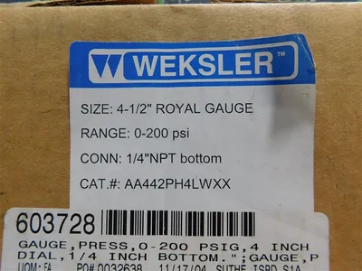 Weksler AA442PH4LWXX 4-1/2" Rotal Gauge 1/4" NPT Bottom 0-200 PSI Range New
