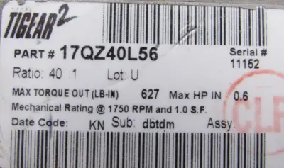 USED BALDOR 17QZ40L56 GEAR REDUCER 40:1