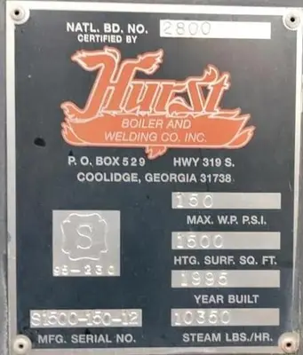 300 HP Hurst 150 PSI Steam Boiler Gas Fired 1995 Model S1500-150-12