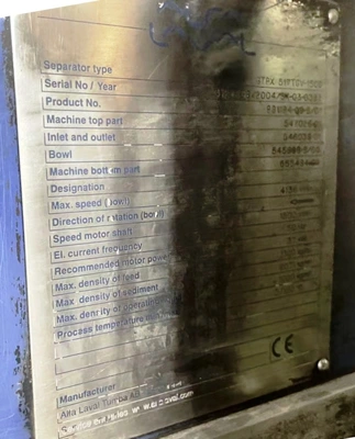 Alfa-Laval GTPX 517 TGV-15CG separator, 316SS.