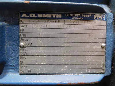 A.O.Smith F-391322-65 AC Motor 3HP 230/460V 1760 RPM 8.2/4.1A Used