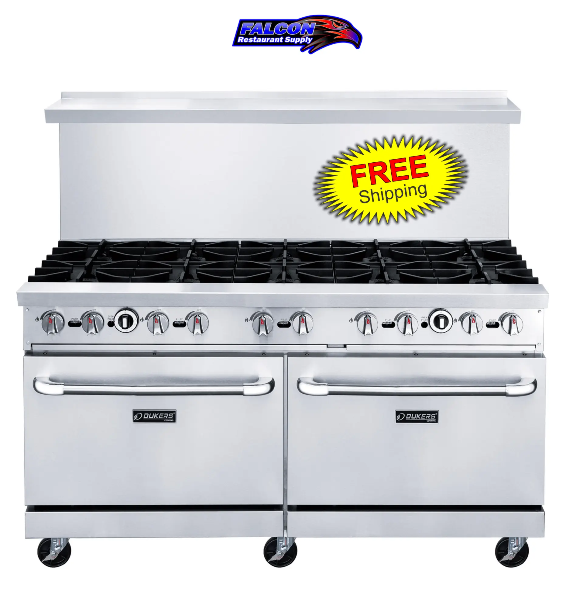 New | in-Stock Dukers New Dukers DCR60-10B 60" Gas Cooktop Range with Ten (10) Open Burners Commercial Ranges Illinois US | Falcon Restaurant Supply #1376279