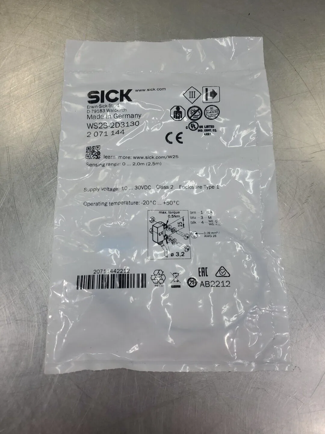 SICK WS2S-2D3130 (2071144) Proximity Sensor, 10-30VDC. 5E-36/2