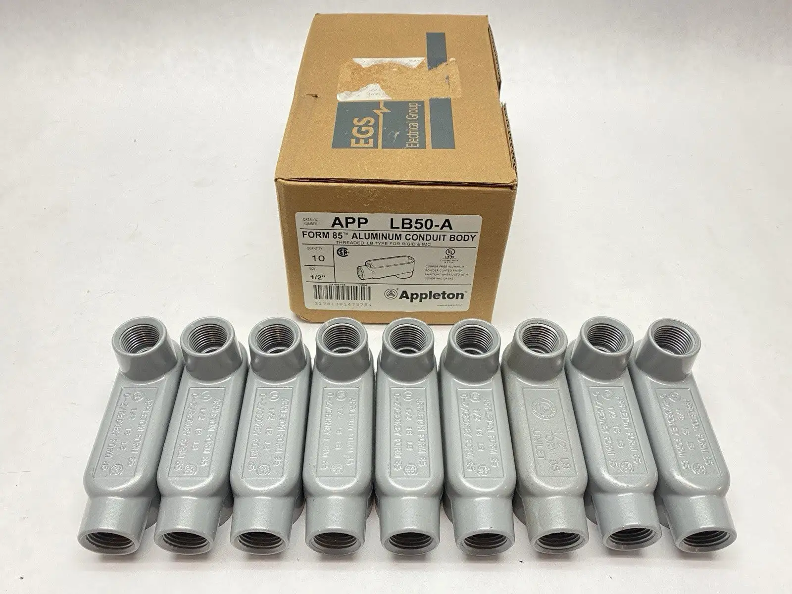 USED APPLETON ELECTRIC ALUMINUM LB-TYPE CONDUIT BODY 1/2" LOT OF 9