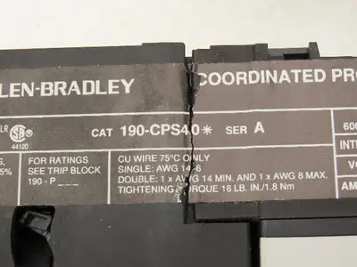 Allen Bradley 190-CPS40 Motor Starter Contactor Overload Block 3Ph 600V 16A 120V