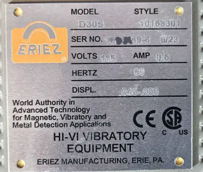 Eriez D30N Hi-Vi Vibratory Equipment Electromagnetic loc4E31