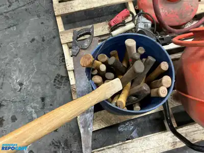 Skid Lot of Tools Including Hammer Handles, Skil Drill, Milwaukee Drill, Rocket Omega Bead...