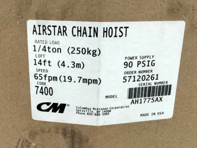 NEW CM AIRSTAR 7400 CHAIN HOIST 1/4-TON 14FT 65FPM 90PSIG W/ PENDANT