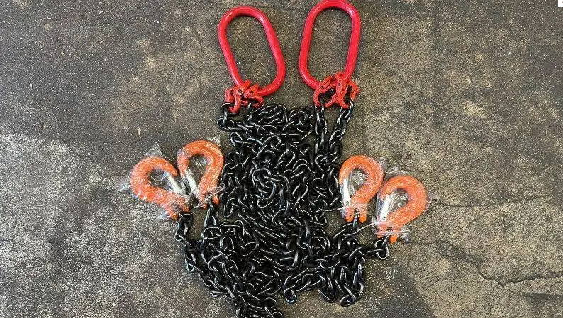 Set of 2: 2-Leg Lifting Chain Sling with Red Oblong Rings and Hooks