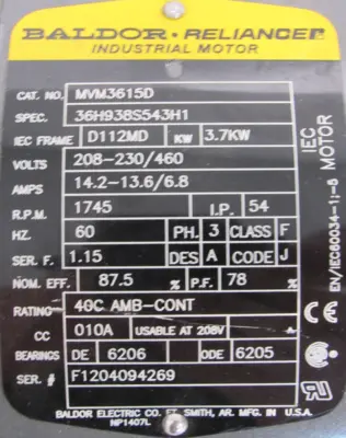 NEW BALDOR MVM3615D MOTOR 208-230/460V 1745RPM
