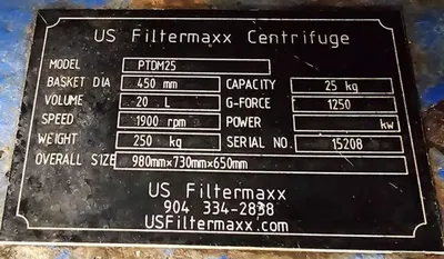 US Filtermaxx PTDM-25 perforate basket centrifuge, 316SS.