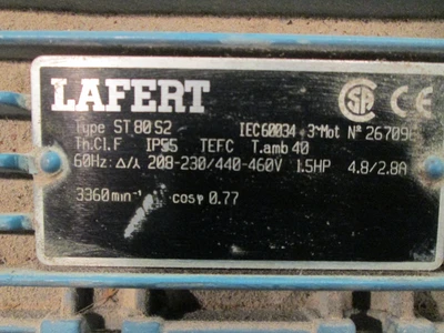 1.5 HP Lafert Electric Motor, 3360 rpm, TEFC