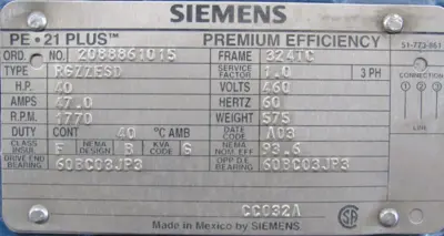 NEW SIEMENS PE-21 PLUS MOTOR 40HP 460V 324TC RGZZESDD 2088861015 PE21 1770 RPM