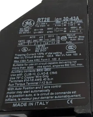 NEW GENERAL ELECTRIC RT2E OVERLOAD RELAY 30-43A