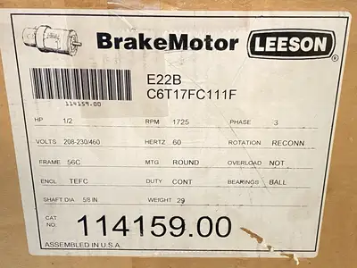 New | in-Stock LEESON Electric Brake Motor 1/2HP 1725RPM 208-230/460V 3PH C6T17FC111F A.C. Motors Michigan US | Maverick Industrial Sales #1400067