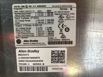 NEW 2022 ALLEN BRADLEY 20BD180A0ANNAND0 POWERFLEX 700 DRIVE VFD 150 HP STK S-279