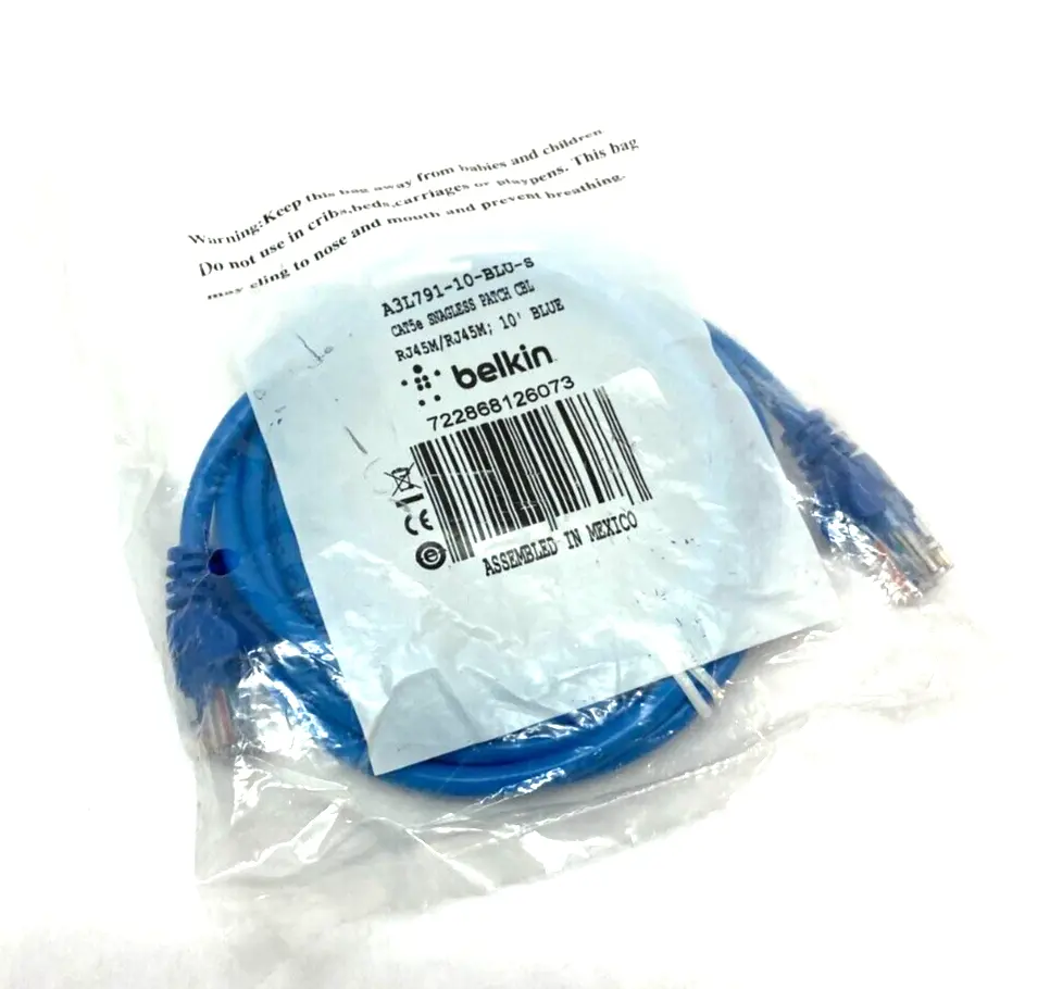 A3L791-10-BLU-S | Belkin  Snagless Cat5 Patch Cable RJ45 to RJ45 10' Length Blue - New