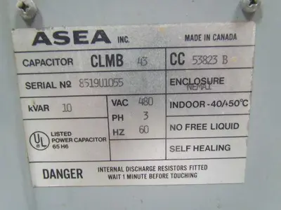 ASEA Inc. 53823 B Individual Capacitor 3-phase 480VAC 60Hz 10KVAR