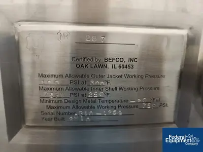 USED BEFCO, Inc. 250 Gal Befco Reactor, S/S, 100/75#
