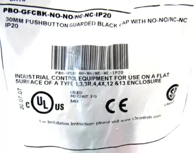 NEW C3 CONTROLS PBO-GFCBK-NO/NO-IP20 PUSHBUTTON PBOGFCBKNONOIP20