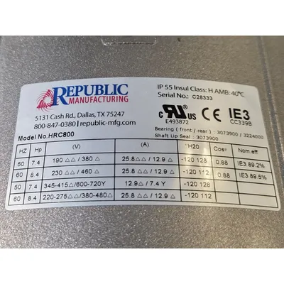 New | in-Stock REPUBLIC MANUFACTURING HRC800 Blowers West Virginia US | JM Industrial #1332431