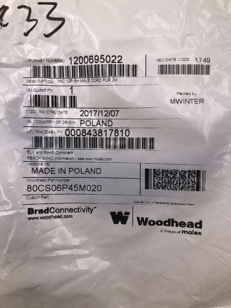 Molex 1200695022 MIC 12P SH MALE CORD PUR 2M Brad Connectivity-NIB