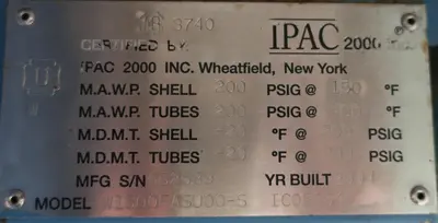 SPC8306  Heat Exchanger 93.2 sq.ft. Ipac 2000 Inc. shell and tube heat exchanger, 200 psi shell, 200 psi internal, 304 SS