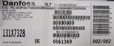 NEW DANFOSS 131X7328 VLT DRIVE 5HP FC-302P3K7T2E55H2BGXXSXSXXXXAXBXCXXXXDX