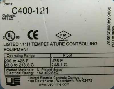 NEW UNITED ELECTRIC C400-121 TEMPERATURE SWITCH C400121