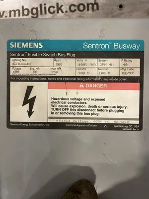 Siemens SXID4640 200A Fusible Switch Bus Plug 600V 3PH