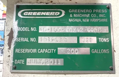 USED 2011 GREENERD PRESSES GREENERD 4D-100-60X42-60R8 PRESS