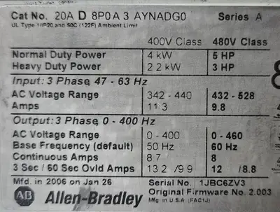 Allen Bradley 20AD8P0A3AYNADG0 /A PowerFlex 70 AC Drive 5HP (BIN751)