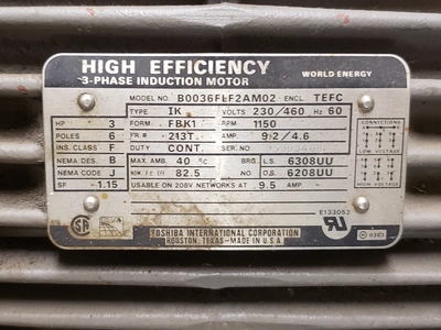 Toshiba 3 Hp, 1150 Rpm, 231T Frame Electrical Motor