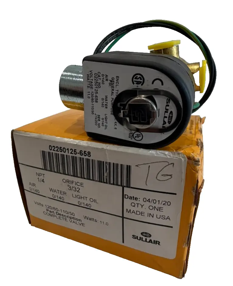 NEW SULLAIR 02250125-658 SOLENOID VALVE 120/60-110/50 NPT 1/4 ORIFICE 3/32