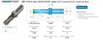 Ingersoll 1.75" Coolant  3XD Indexable Drill 1.5" Shank QR0445134N7R02 (LOC2629)