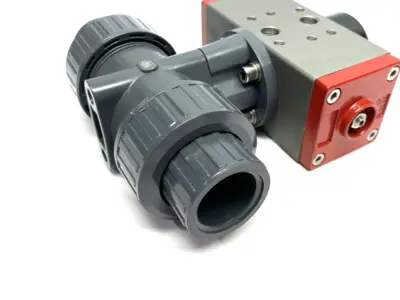 USED PNUTEC PNEUMATIC ACTUATOR W/ 2-WAY TRUE UNION PVC BALL VALVE