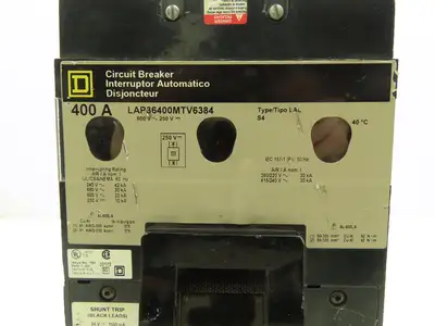 Square D LAP36400MTV6384 Circuit Breaker 3-Pole 400A 600V Shunt Trip Gray Face