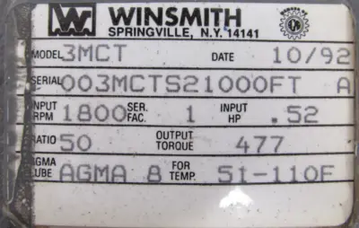 NEW WINSMITH 3MCT GEAR REDUCER 50:1 003MCTS21000FT