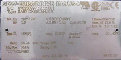 NEW SEW EURODRIVE SA57 DRE80M4/DH GEAR MOTOR 14.24:1 SA57DRE80M4DH