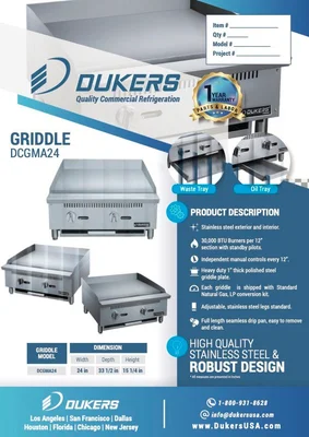 New | in-Stock Dukers New Dukers DCGMA24 24 in. W Flat Top Griddle with 2 Burners Commercial Flat Top Griddles Illinois US | Falcon Restaurant Supply #1376275