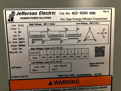 New 112.5 KVA Dry Type Transformer 480 Delta 208Y/120 10 Year Warranty 423-9254-000 FREE SHIPPING