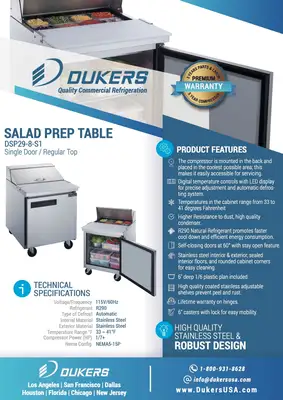 New | in-Stock Dukers New Dukers DSP29-8-S1 1-Door Commercial Food Prep Table Refrigerated in Stainless Steel Food Prep Tables Illinois US | Falcon Restaurant Supply #1376251